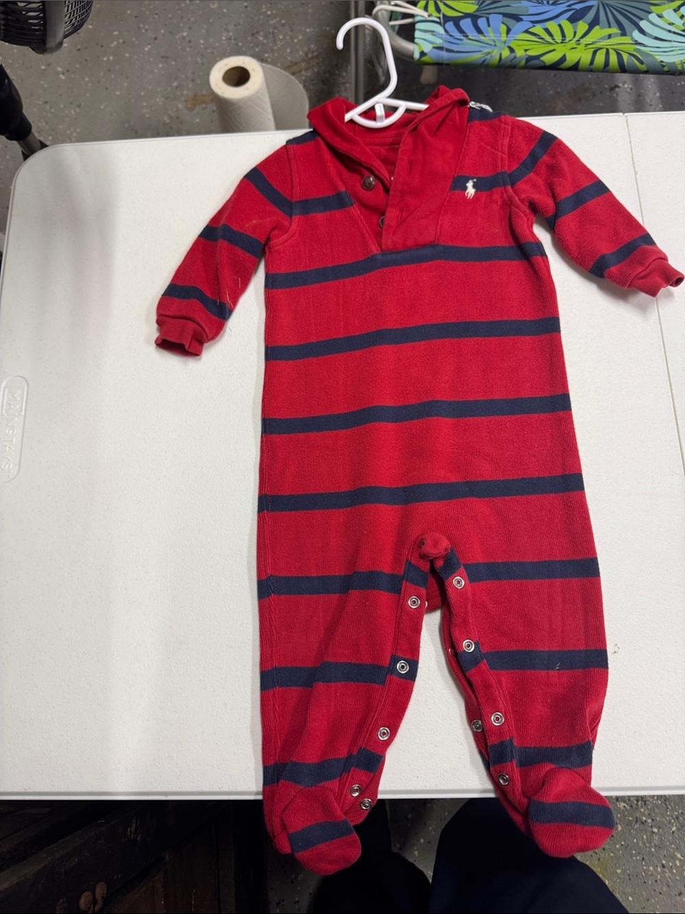 Polo by Ralph Lauren Red and Navy Striped Hooded Footie